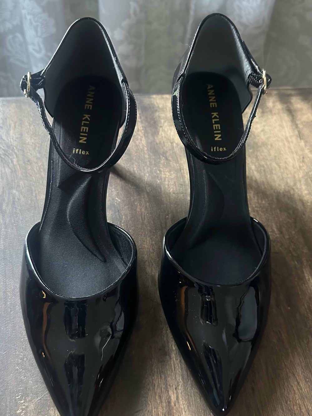 Anne Klein Black Patent Pointed-Toe Ankle-Strap Heels